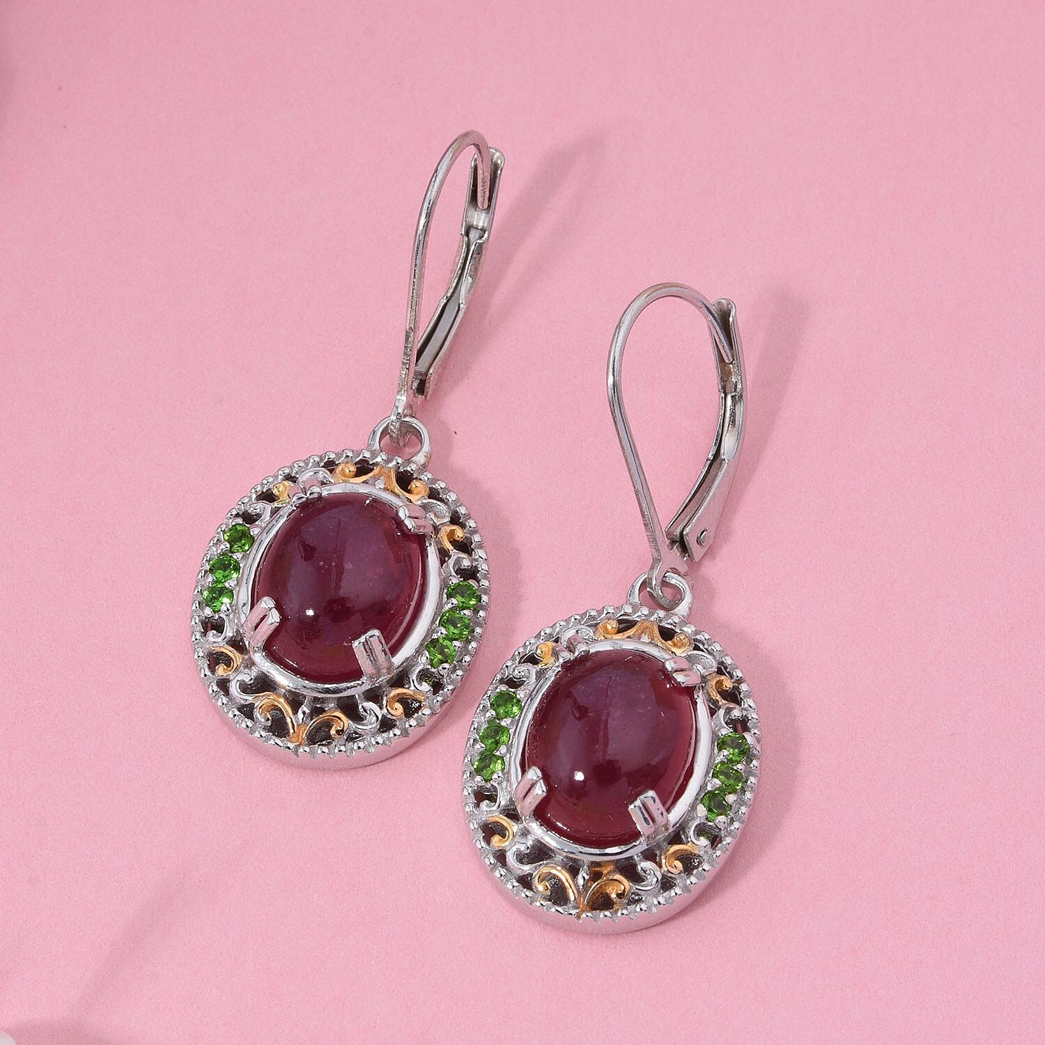 Niassa Ruby (FF) and Chrome Diopside 6.40 ctw Royal Bloom Earrings in Vermeil YG and Rhodium Over Sterling Silver