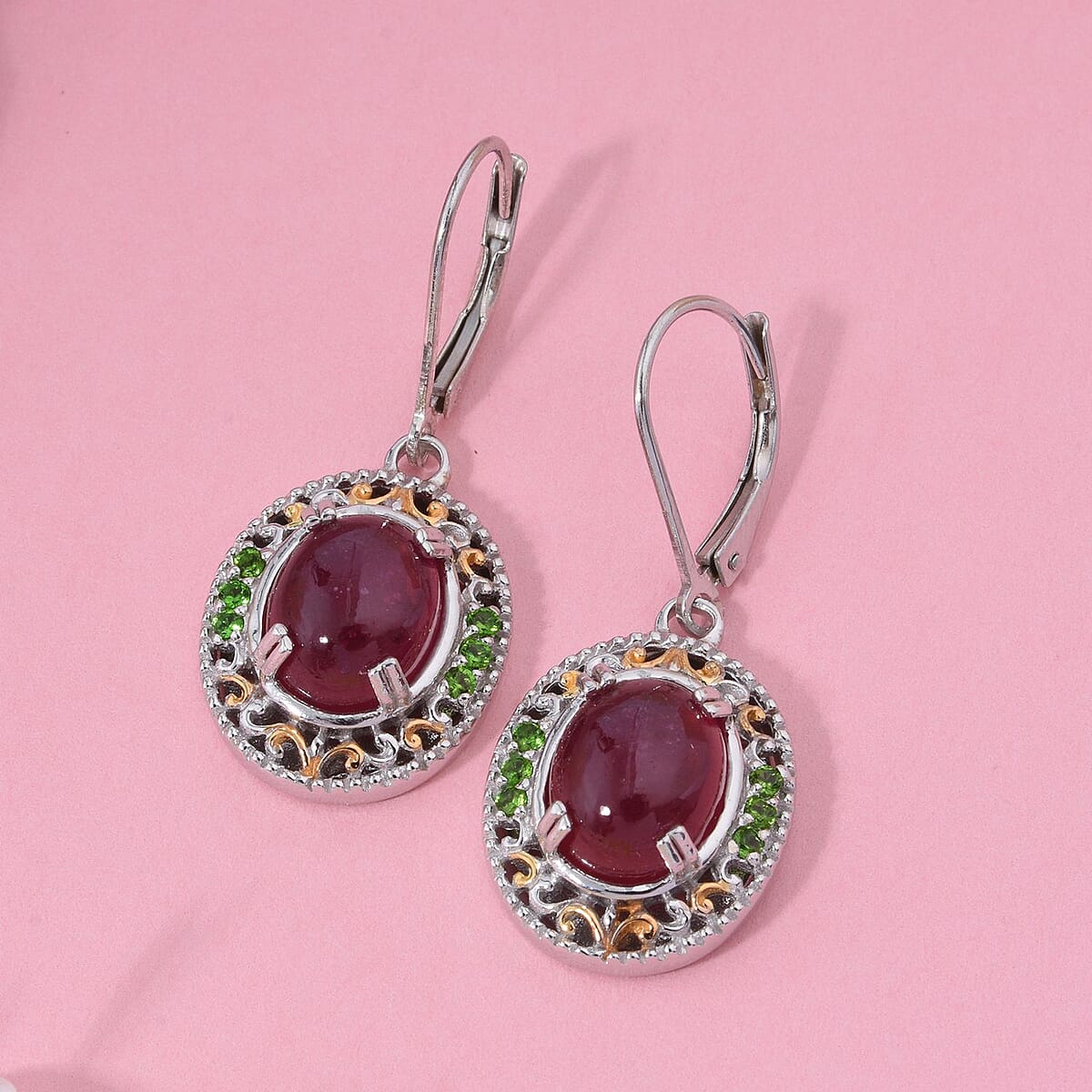 Niassa Ruby (FF) and Chrome Diopside 6.40 ctw Royal Bloom Earrings in Vermeil YG and Rhodium Over Sterling Silver image number 1