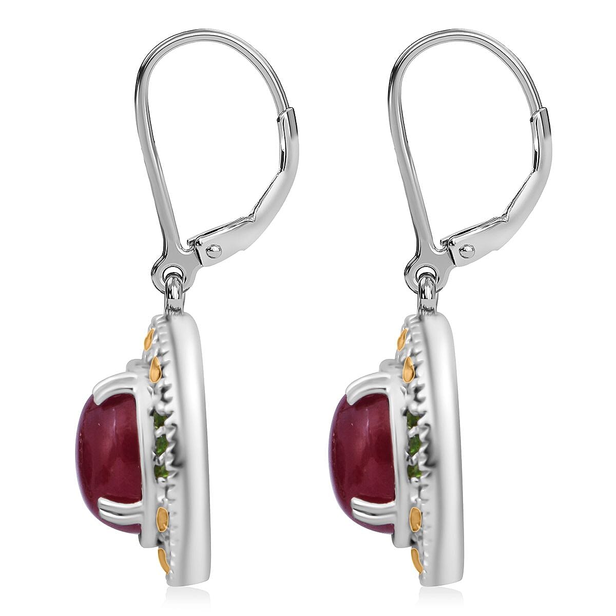 Niassa Ruby (FF) and Chrome Diopside 6.40 ctw Royal Bloom Earrings in Vermeil YG and Rhodium Over Sterling Silver image number 3