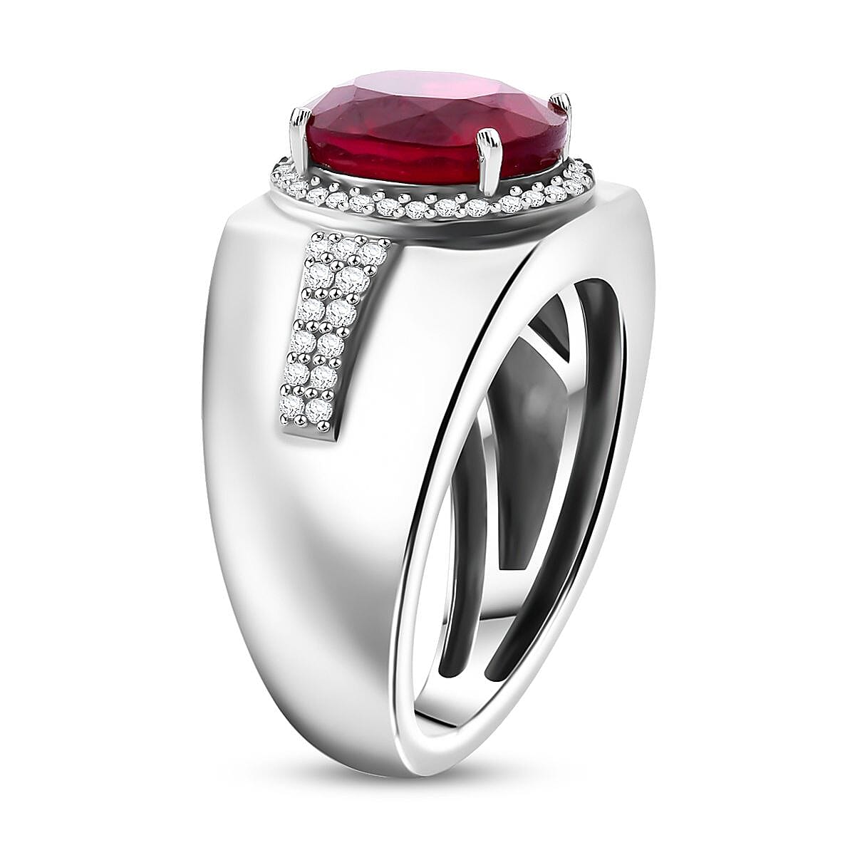 Niassa Ruby (FF) and Moissanite 5.85 ctw Men's Ring in Rhodium Over Sterling Silver (Size 10.0)