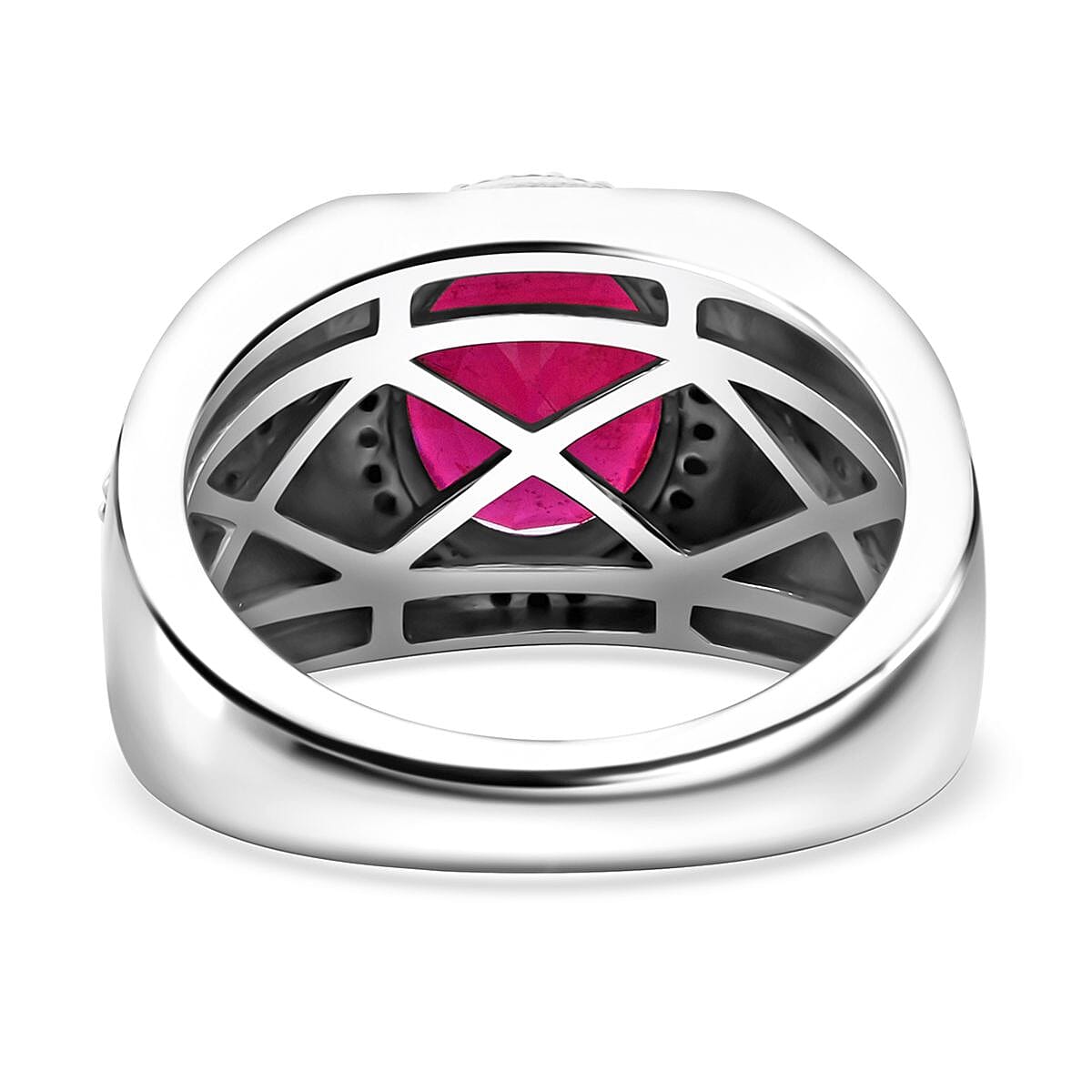 Niassa Ruby (FF) and Moissanite 5.85 ctw Men's Ring in Rhodium Over Sterling Silver (Size 10.0) image number 4