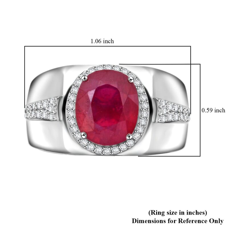 Niassa Ruby (FF) and Moissanite 5.85 ctw Men's Ring in Rhodium Over Sterling Silver (Size 10.0)