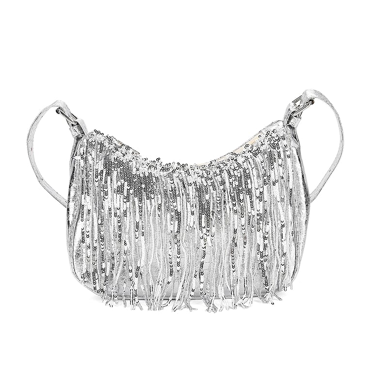 Silver Faux Leather and Sequin Timeless Fringe Crossbody Bag with Shoulder Bag