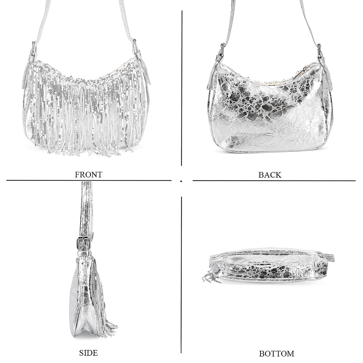 Silver Faux Leather and Sequin Timeless Fringe Crossbody Bag with Shoulder Bag image number 4