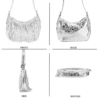 Silver Faux Leather and Sequin Timeless Fringe Crossbody Bag with Shoulder Bag
