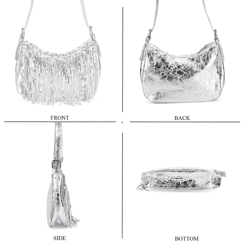 Silver Faux Leather and Sequin Timeless Fringe Crossbody Bag with Shoulder Bag