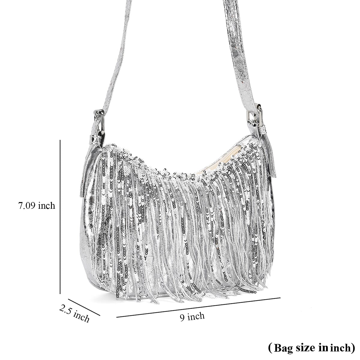 Silver Faux Leather and Sequin Timeless Fringe Crossbody Bag with Shoulder Bag image number 7