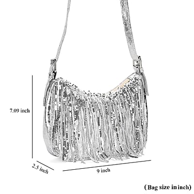 Silver Faux Leather and Sequin Timeless Fringe Crossbody Bag with Shoulder Bag