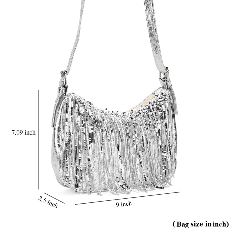 Silver Faux Leather and Sequin Timeless Fringe Crossbody Bag with Shoulder Bag