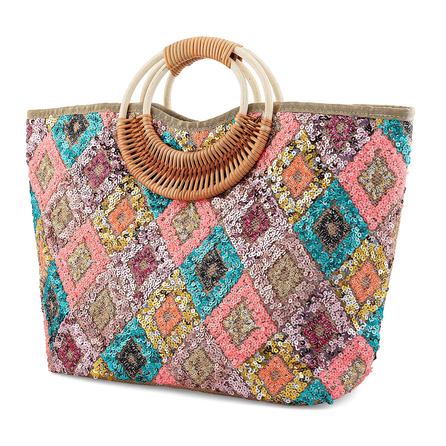 Multi Color Rhombus Pattern Sequin and Polyester Tote Bag