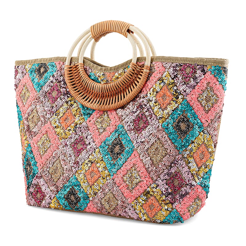 Multi Color Rhombus Pattern Sequin and Polyester Tote Bag