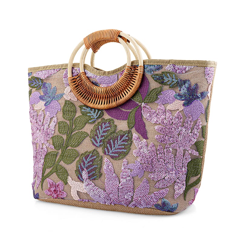 Purple Flower Pattern Sequin and Polyester Tote Bag