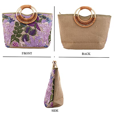 Purple Flower Pattern Sequin and Polyester Tote Bag