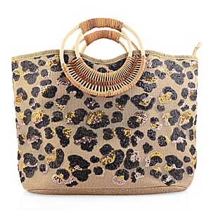 Black and Gold Leopard Pattern Sequin and Polyester Tote Bag