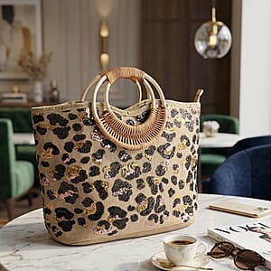 Black and Gold Leopard Pattern Sequin and Polyester Tote Bag