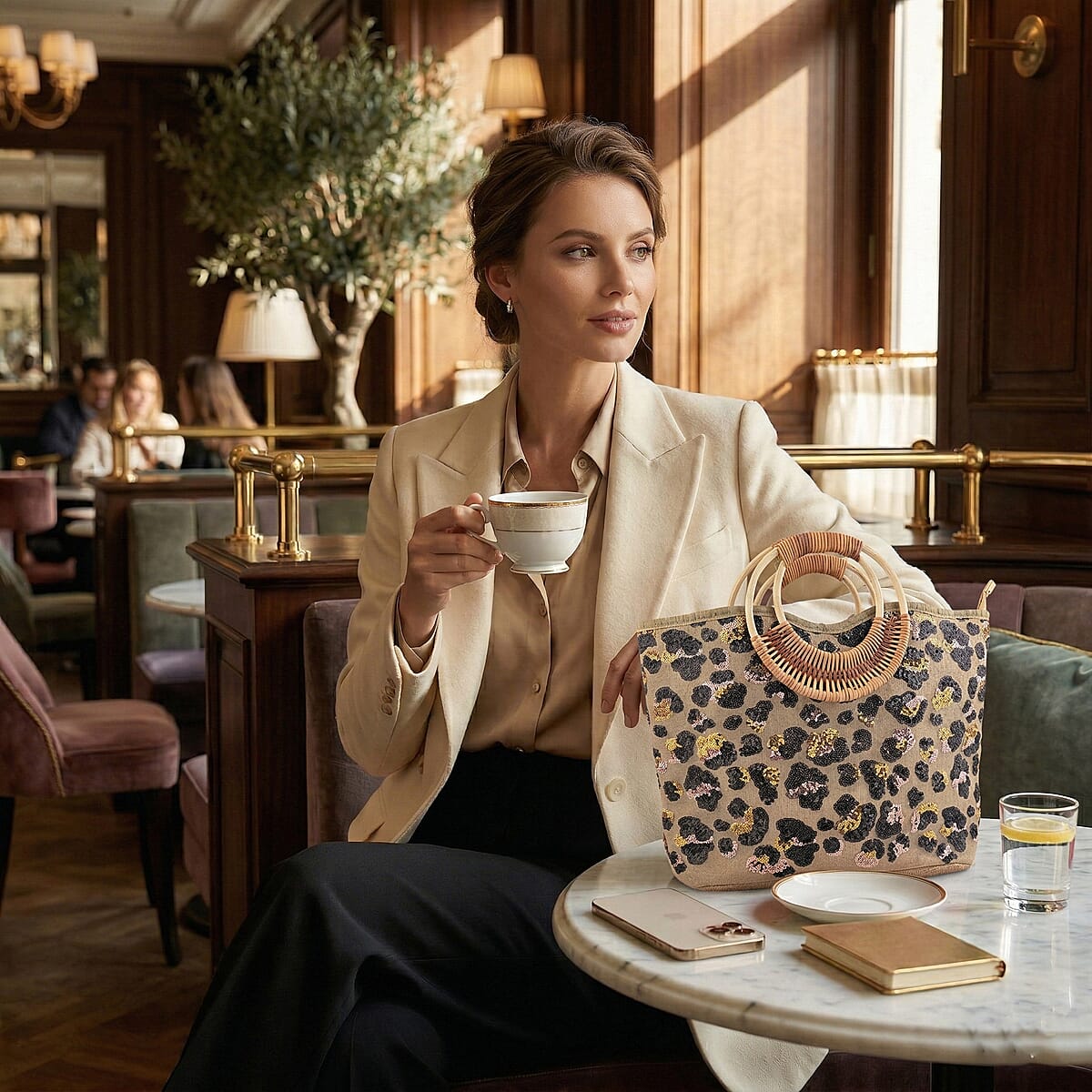 Black and Gold Leopard Pattern Sequin and Polyester Tote Bag image number 2