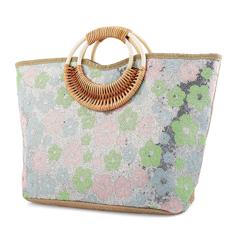 Silver with Multi Color Flower Pattern Sequin and Polyester Tote Bag