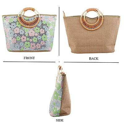 Silver with Multi Color Flower Pattern Sequin and Polyester Tote Bag