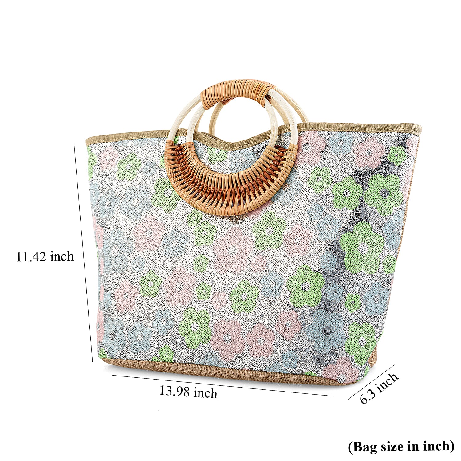 Silver with Multi Color Flower Pattern Sequin and Polyester Tote Bag