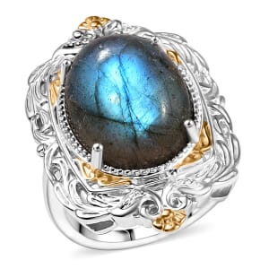 Karis Malagasy Labradorite 12.25 ctw Solitaire Ring in 18K YG Plated and Platinum Bond (Size 10.0) 