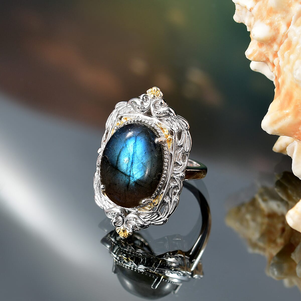 Karis Malagasy Labradorite 12.25 ctw Solitaire Ring in 18K YG Plated and Platinum Bond (Size 10.0)  image number 1