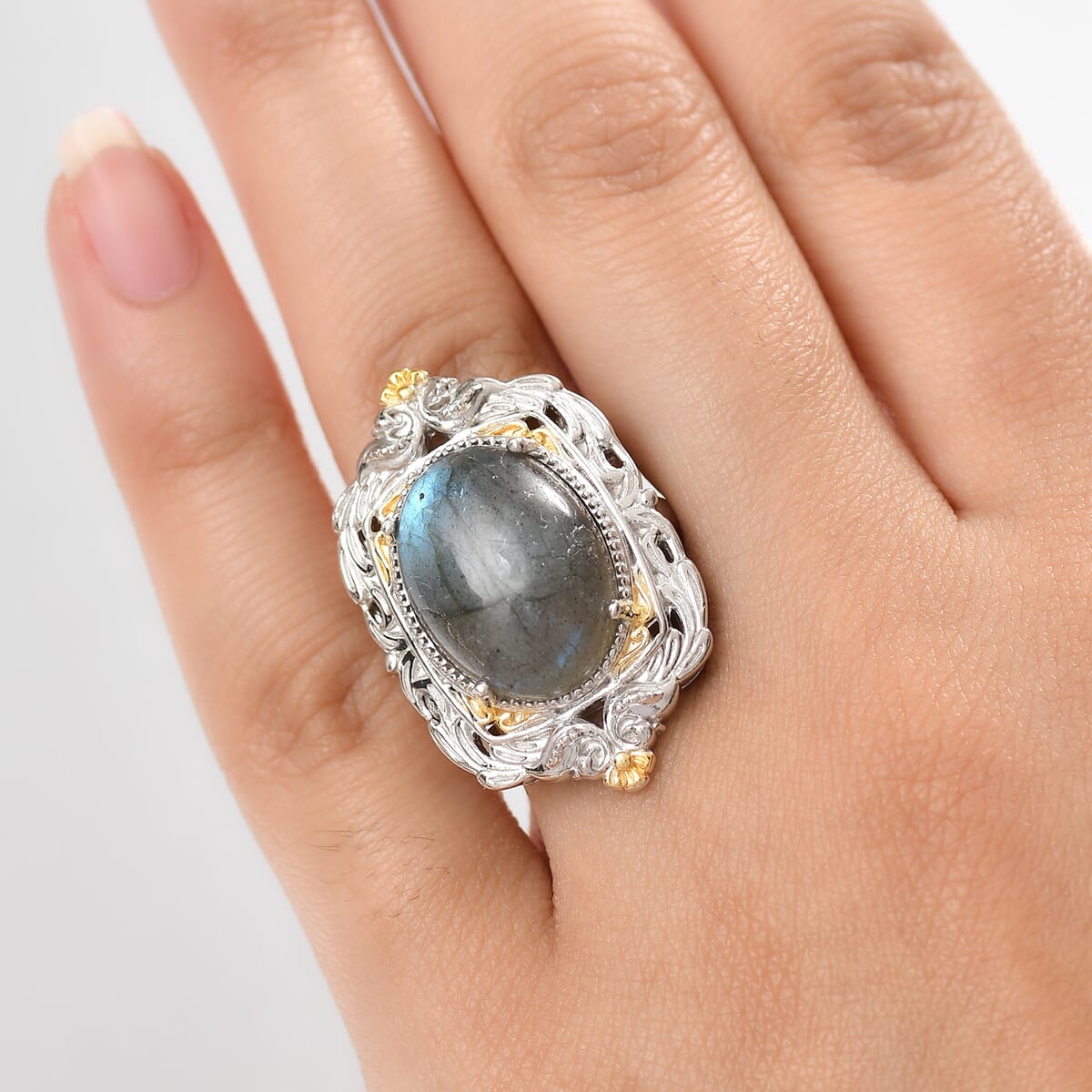 Karis Malagasy Labradorite 12.25 ctw Solitaire Ring in 18K YG Plated and Platinum Bond (Size 10.0)  image number 2