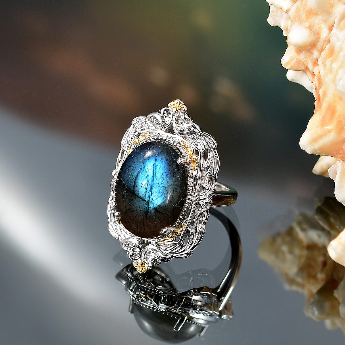 Karis Malagasy Labradorite 12.25 ctw Solitaire Ring in 18K YG Plated and Platinum Bond (Size 5.0)  image number 1