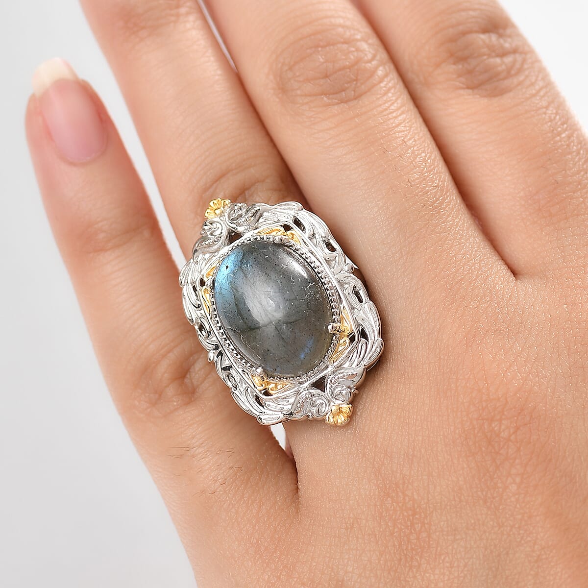Karis Malagasy Labradorite 12.25 ctw Solitaire Ring in 18K YG Plated and Platinum Bond (Size 5.0)  image number 2