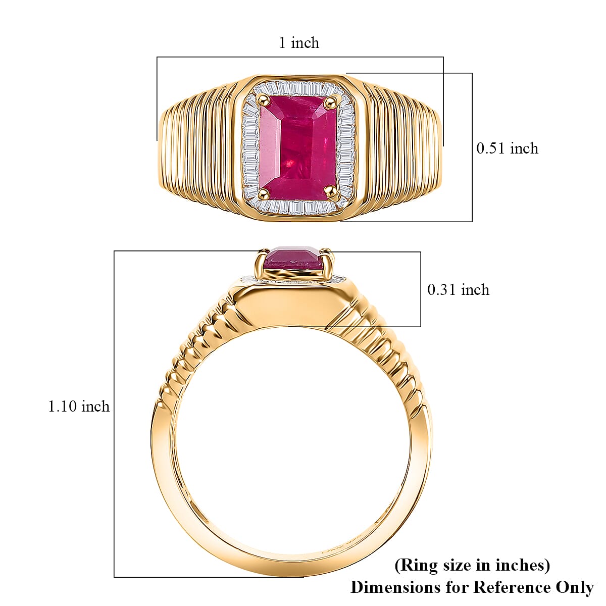 D'Joy AAA Royal Ruby and Diamond 2.50 ctw Mens Ring in 18K Vermeil Yellow Gold Over Sterling Silver (Size 10.0)