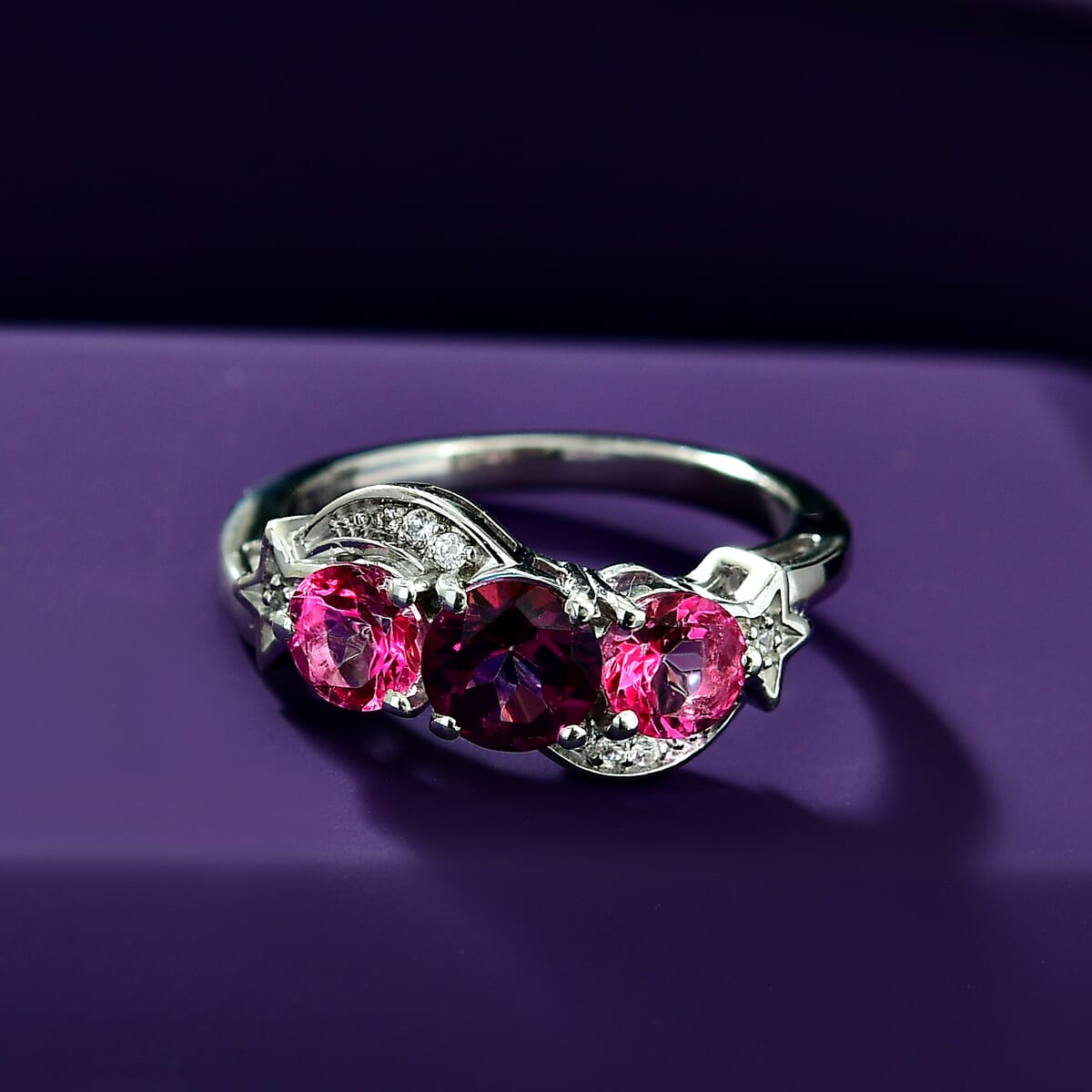 D'Joy Pink and Crimson Mystic Topaz, White Zircon 2.30 ctw Celestial Ring in Rhodium Over Sterling Silver (Size 6.0) image number 1