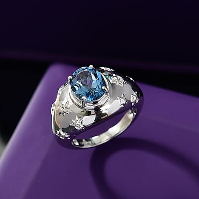 D'Joy Freedom Blue Mystic Topaz and White Zircon 3.00 ctw Celestial Ring in Rhodium Over Sterling Silver (Size 5.0)