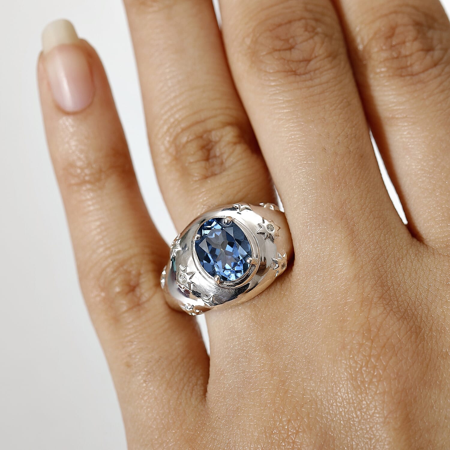 D'Joy Freedom Blue Mystic Topaz and White Zircon 3.00 ctw Celestial Ring in Rhodium Over Sterling Silver (Size 5.0)