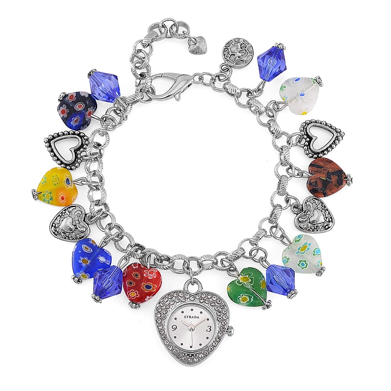 Strada Multi Color Glass and Blue Color Resin Japanese Movement Bracelet Watch in Silvertone
