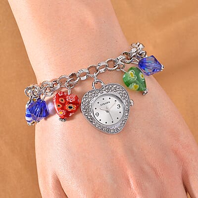 Strada Multi Color Glass and Blue Color Resin Japanese Movement Bracelet Watch in Silvertone