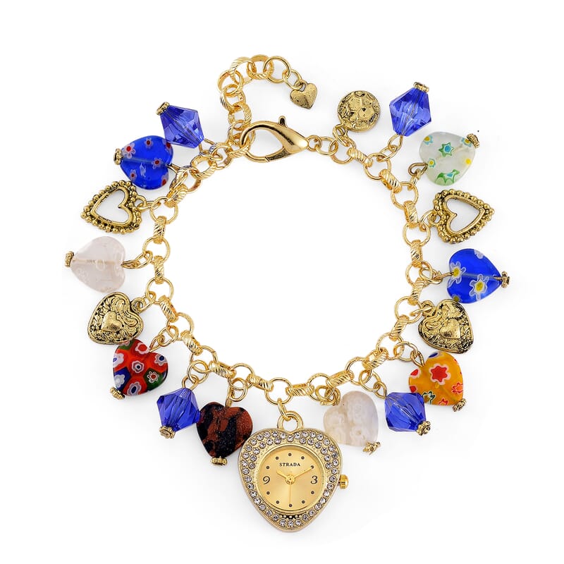 Strada Multi Color Glass and Blue Color Resin Japanese Movement Bracelet Watch in Goldtone