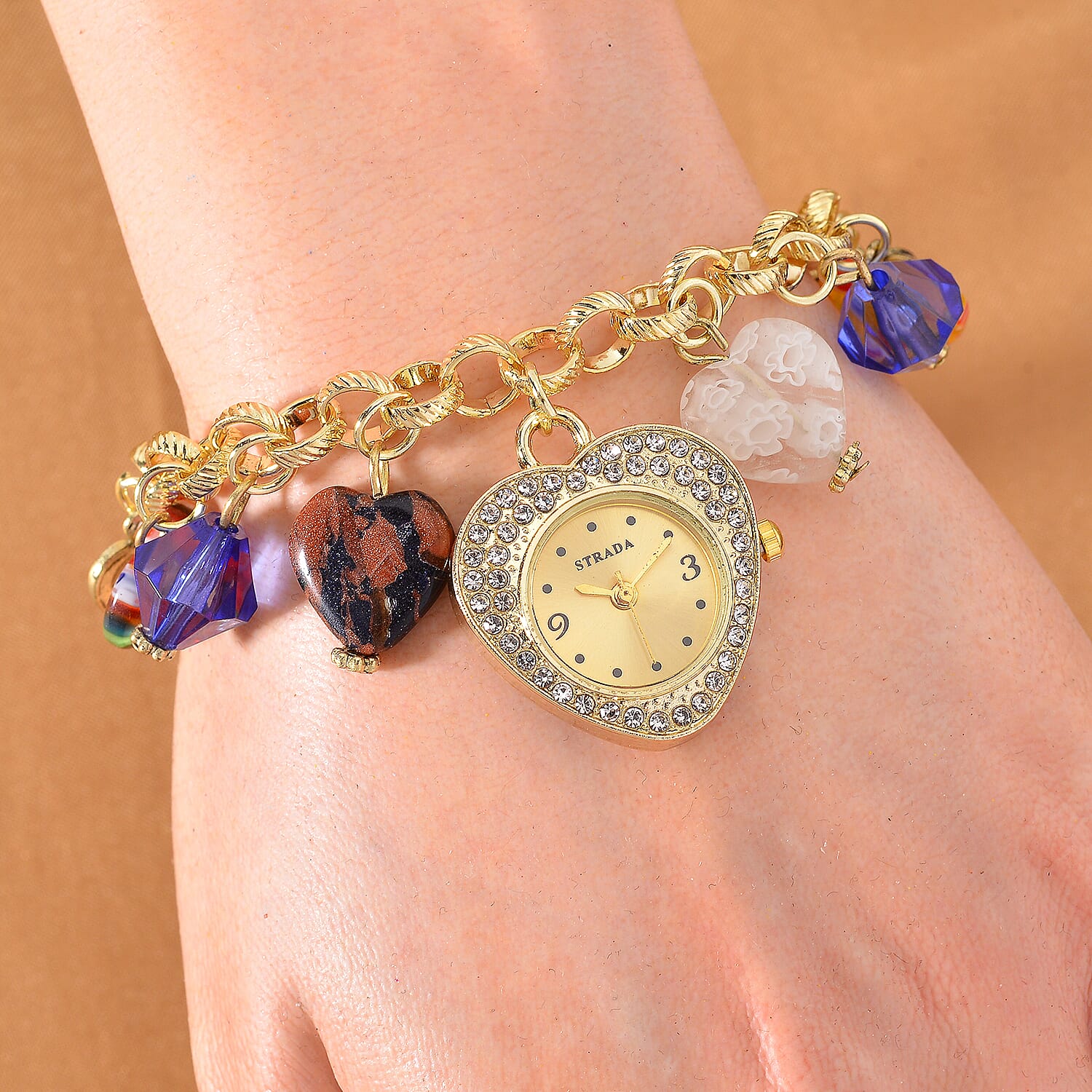 Strada Multi Color Glass and Blue Color Resin Japanese Movement Bracelet Watch in Goldtone