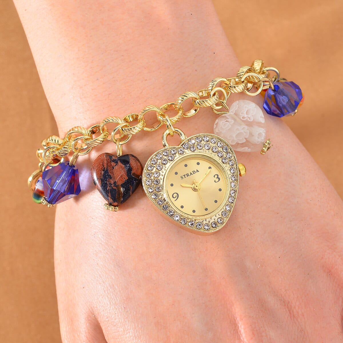 Strada Multi Color Murano Style and Blue Color Resin Japanese Movement Bracelet Watch in Goldtone image number 1