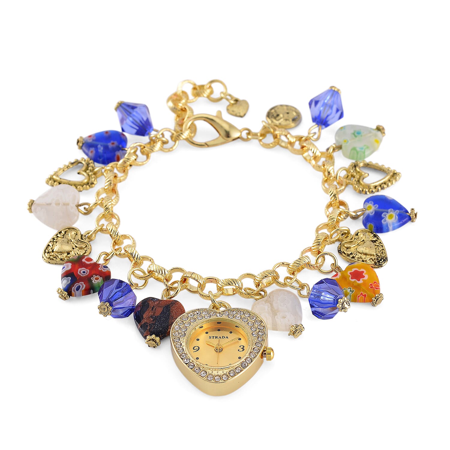 Strada Multi Color Glass and Blue Color Resin Japanese Movement Bracelet Watch in Goldtone