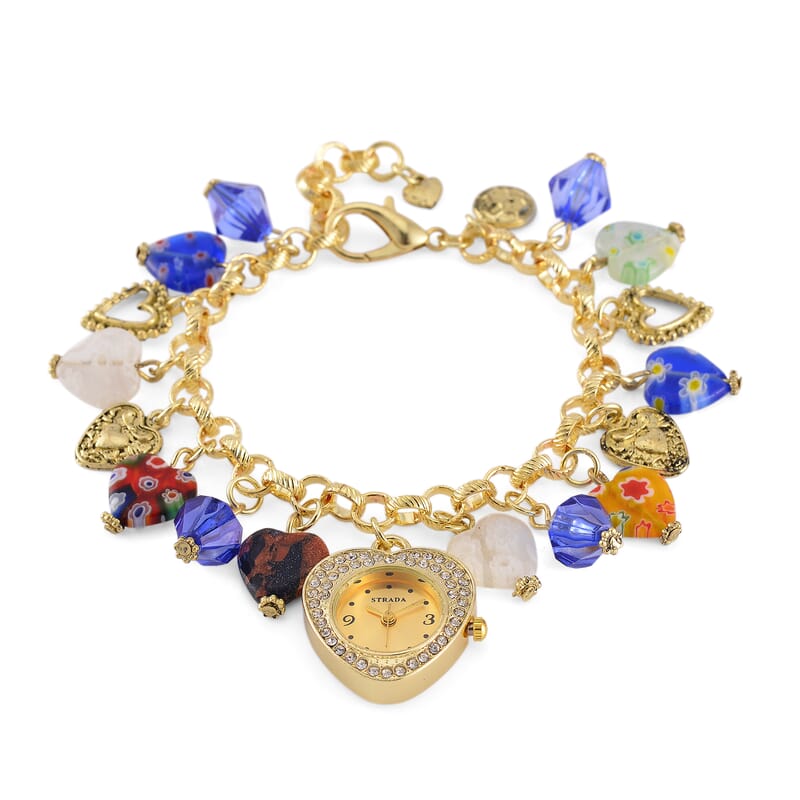 Strada Multi Color Glass and Blue Color Resin Japanese Movement Bracelet Watch in Goldtone