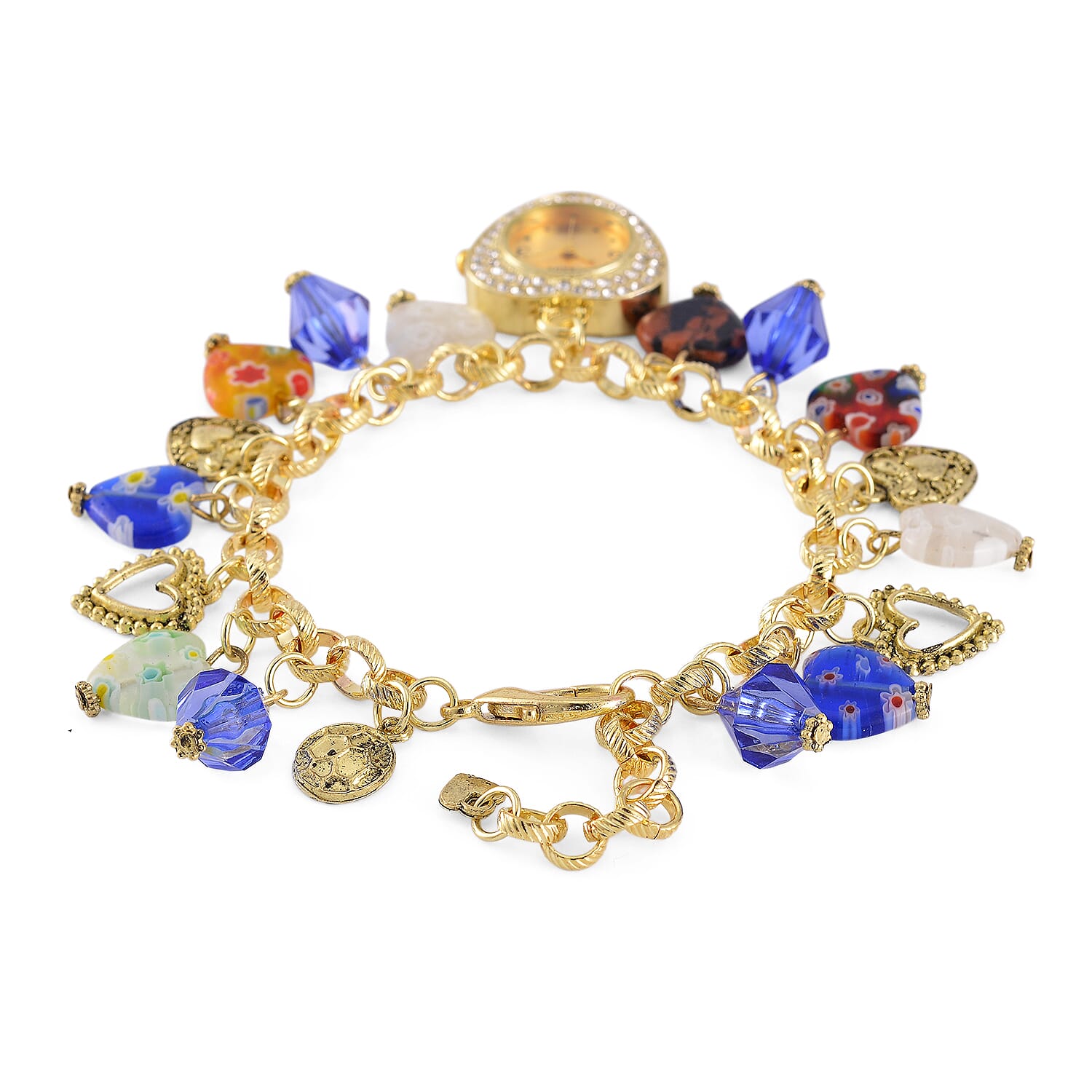 Strada Multi Color Glass and Blue Color Resin Japanese Movement Bracelet Watch in Goldtone