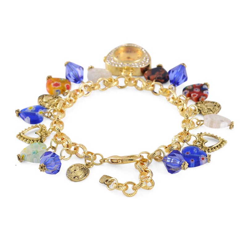Strada Multi Color Glass and Blue Color Resin Japanese Movement Bracelet Watch in Goldtone