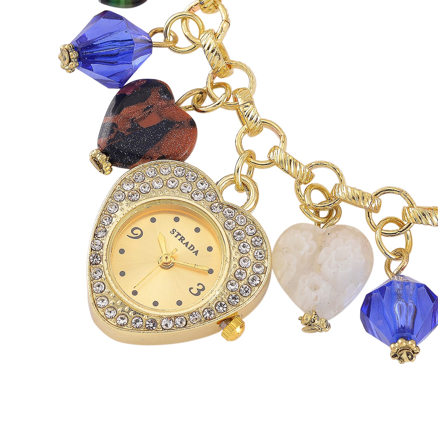Strada Multi Color Glass and Blue Color Resin Japanese Movement Bracelet Watch in Goldtone