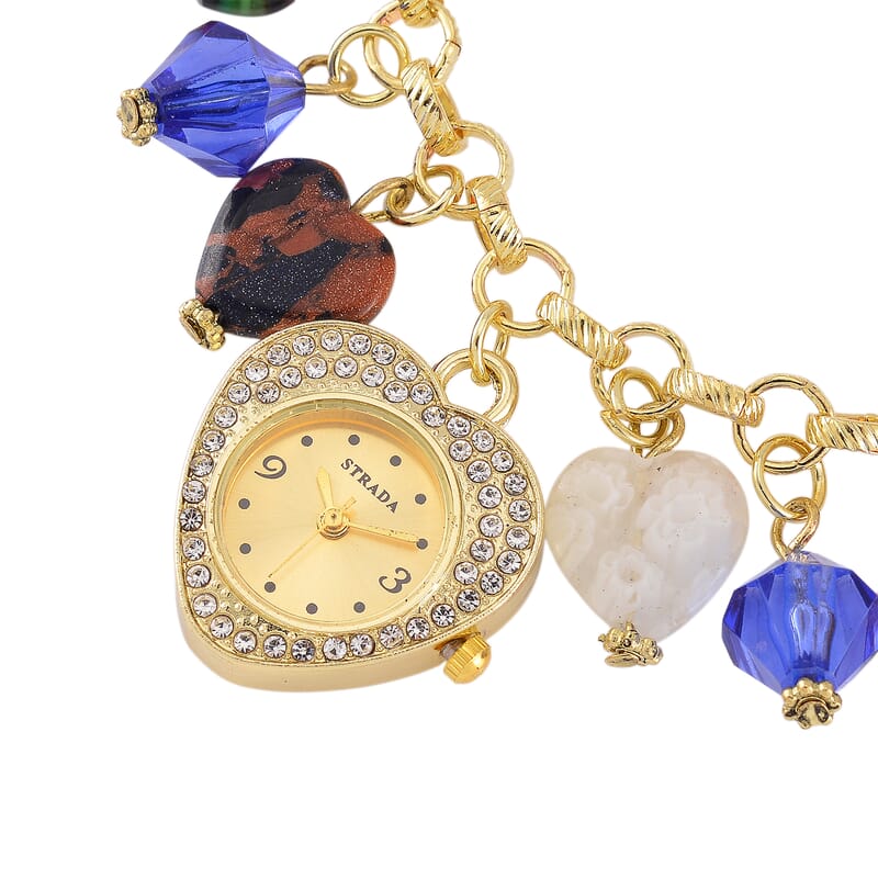 Strada Multi Color Glass and Blue Color Resin Japanese Movement Bracelet Watch in Goldtone