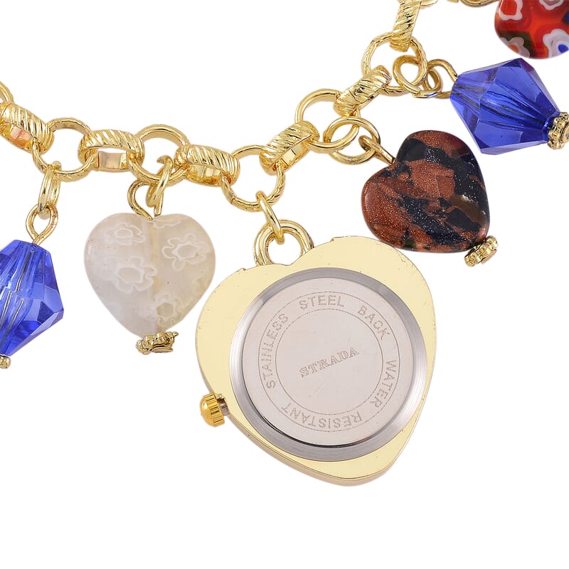 Strada Multi Color Glass and Blue Color Resin Japanese Movement Bracelet Watch in Goldtone