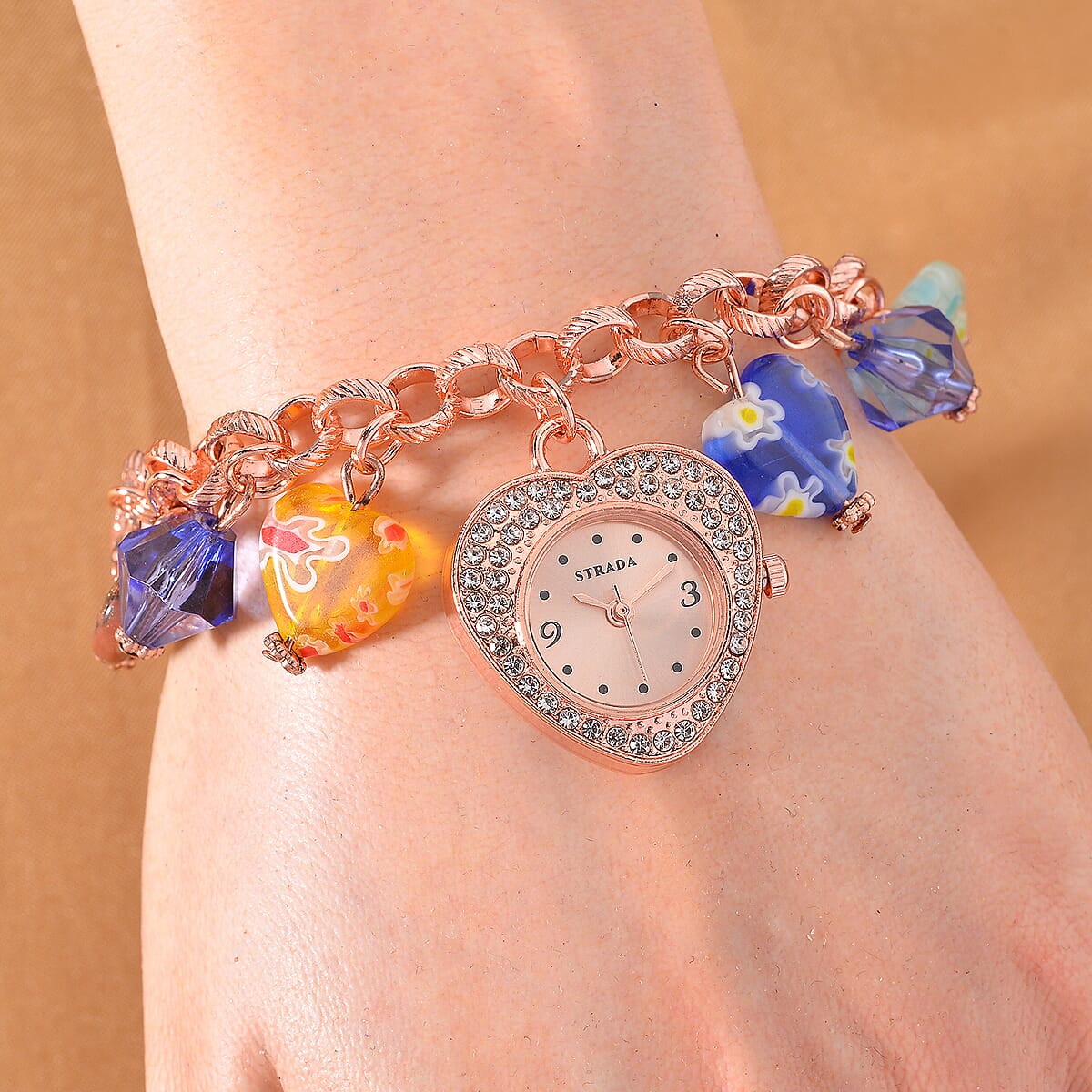 Strada Multi Color Murano Style and Blue Color Resin Japanese Movement Bracelet Watch in Rosetone image number 1