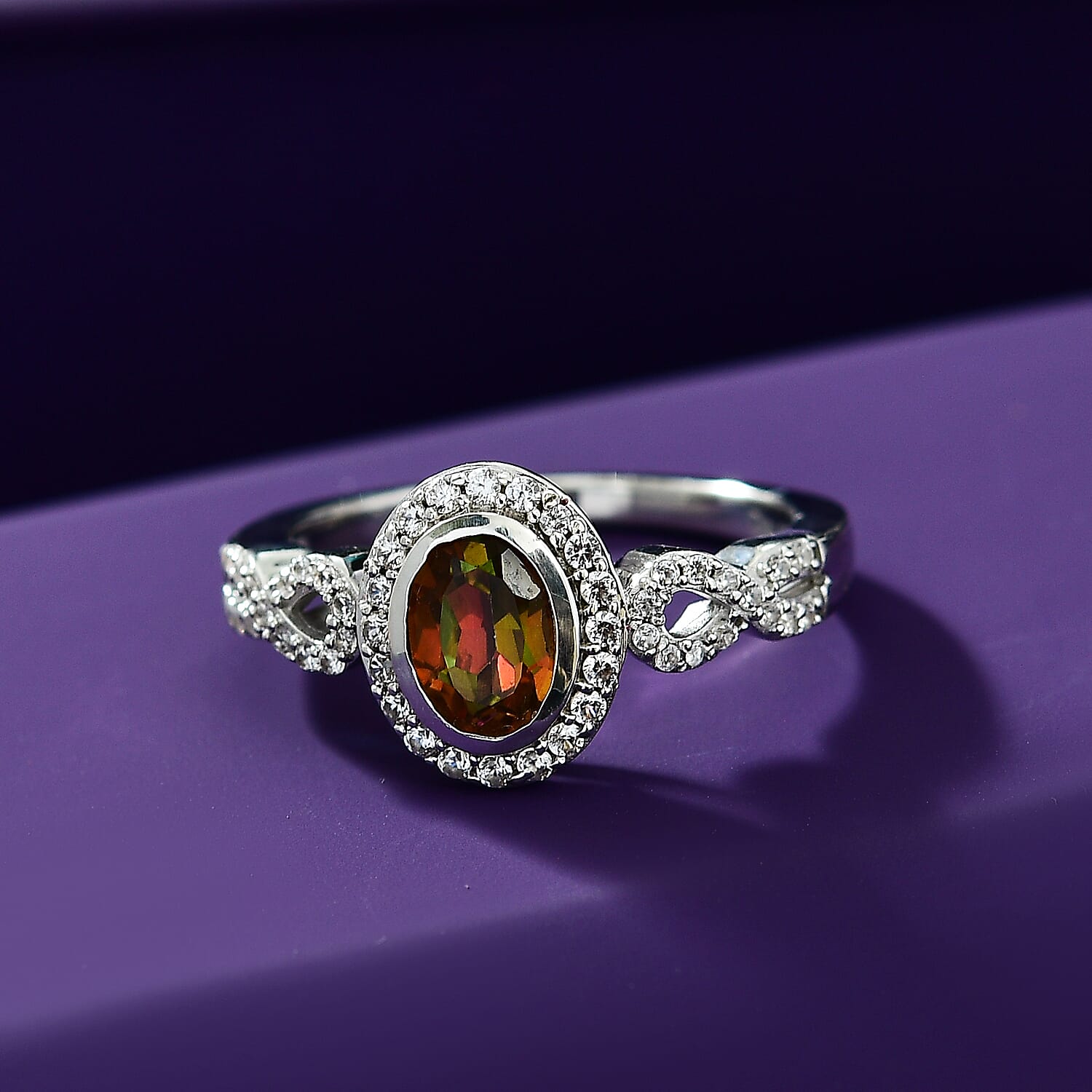 D'Joy Stellar Mystic Topaz and White Zircon 1.40 ctw Infinity Love Ring in Rhodium Over Sterling Silver (Size 6.0)