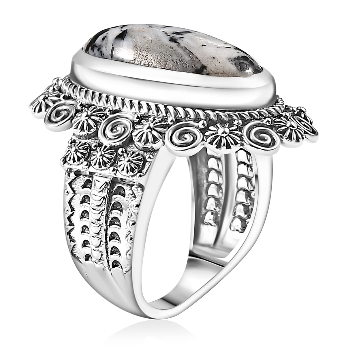 D'Joy Indian Artisan Crafted White Buffalo 9.00 ctw Floral Ring in Sterling Silver (Size 8.0) image number 3