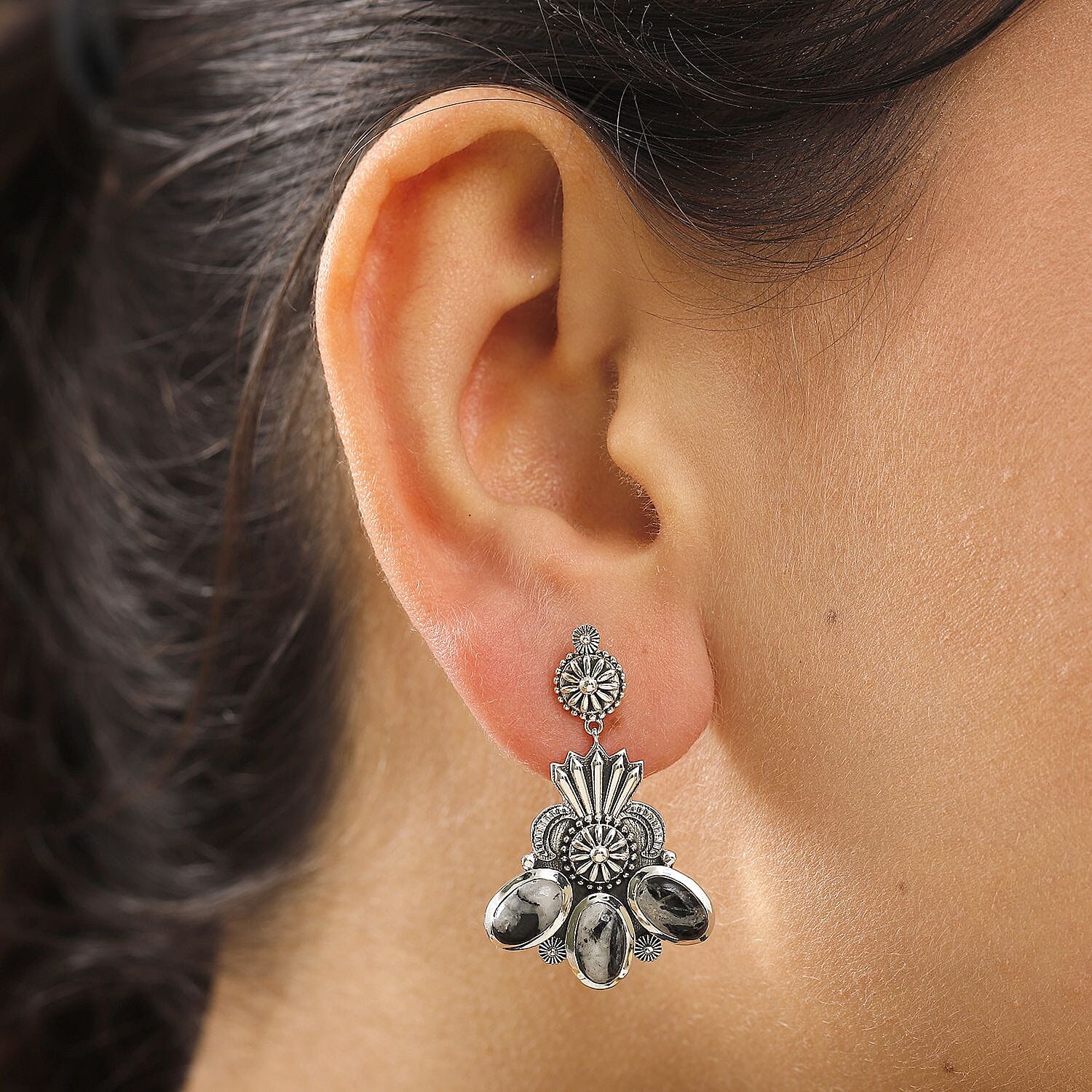 D'Joy Artisan Crafted White Buffalo 7.50 ctw Fancy Earrings in Sterling Silver