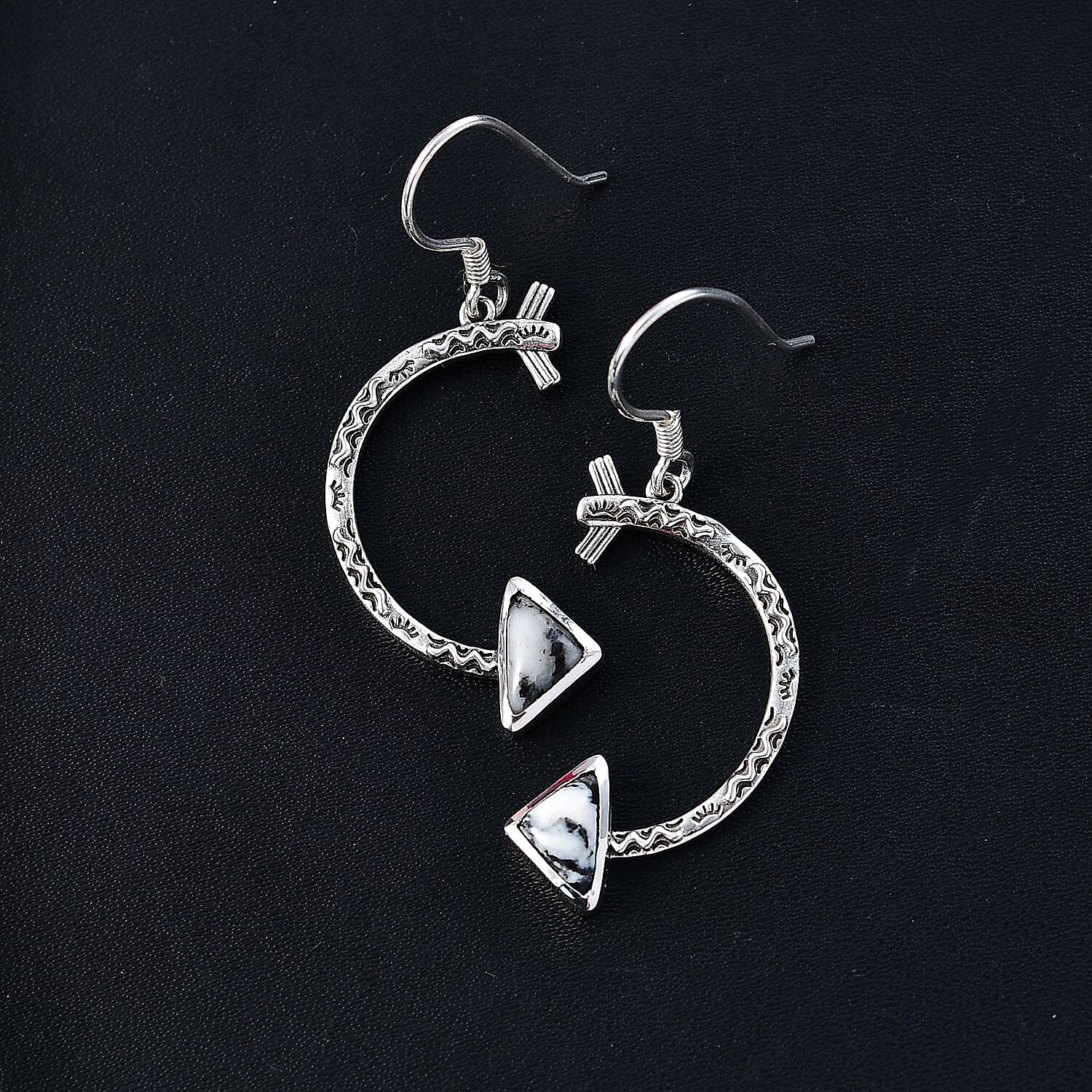 D'Joy Artisan Crafted White Buffalo 3.20 ctw Crescent Moon and Arrow Earrings in Sterling Silver