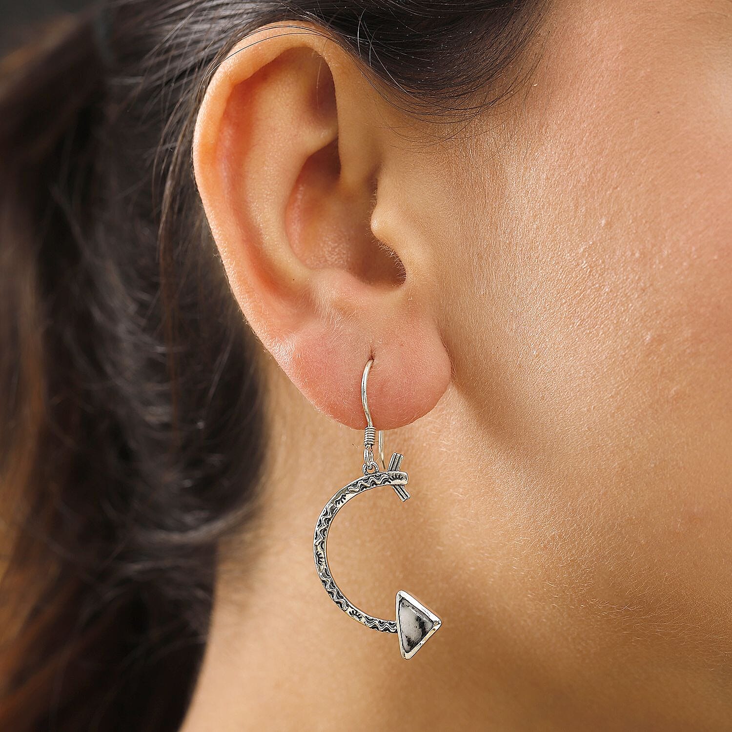 D'Joy Artisan Crafted White Buffalo 3.20 ctw Crescent Moon and Arrow Earrings in Sterling Silver